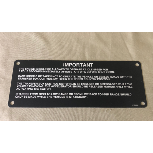 Land Rover Perentie 4x4/6x6 Engine Warning Plate HYG2950